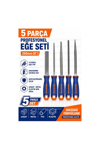 5 Parça Profesyonel Eğe Seti 200 Mm 8" Ergonomik Kaymaz Saplı Sertleştirilmiş Çelik Ahşap Metal Pl