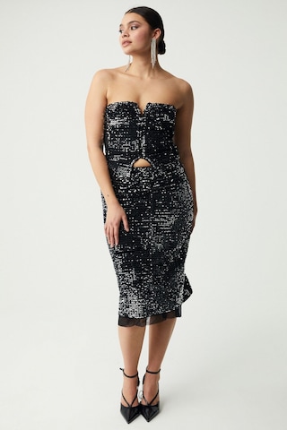 Grımelange Yıseth Kadın Gümüş Pul Payet Uzun Astarlı Siyah Etek Siyah