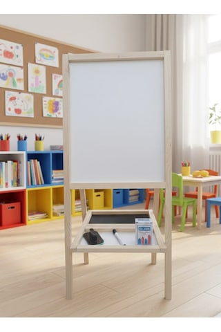 Drn Kids Ve Eğitim Çift Taraflı Yazı Tahtası 15 Renkli Tebeşir , 15 Beyaz Tebeşir Silgi Ve Kalem Hediyesidir Ahşap