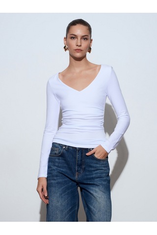 Dilvin 32780 V Yaka Büzgülü Top-beyaz