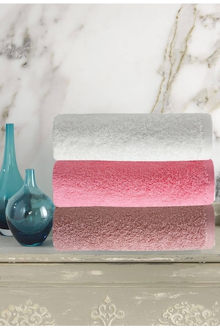 3 Lü Renkli El Yüz Havlu Seti %100 Pamuklu Natural Harmony Pembe