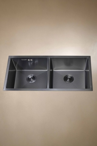 Han Serisi %100 Krom 82x45 İki Göz Paslanmaz Mutfak Eviyesi, Mutfak Lavabosu Sifon Dahil Siyah