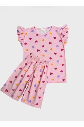 Aliş Kids Kız Çocuk Pamuklu Pembe Kalp Desenli Kolları Fırfırlı Kısa Kollu Şortlu Yazlık Pijama Takımı