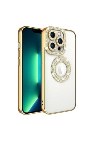 Apple Uyumlu iPhone 13 Pro Kılıf Kamera Korumalı Taş Süslemeli Arkası Şeffaf Zore Asya Kapak Gold