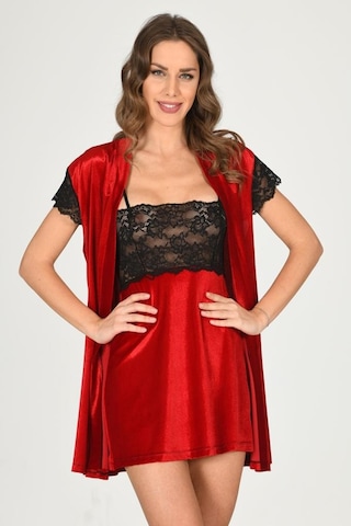 Sistina Bayan Dantelli Kırmızı Kadife Sabahlık Gecelik Takım 1428 Kırmızı