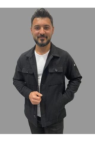 Erkek Cep Detaylı Kışlık Siyah Kaşe Gömlek Siyah