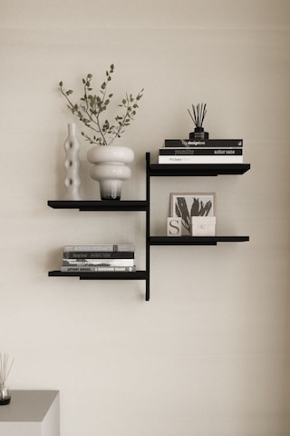 Aju 4 Katlı Duvar Rafı Metal Çerçeveli Dekoratif Kitaplık Ve Raf Ünitesi Modern Ve Minimalistt Siyah