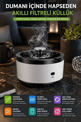 2 Li Set Akıllı Filtreli Küllük & Usb Çakmaklı Sigara Tabakası Şarjlı Metal Tasarım Siyah