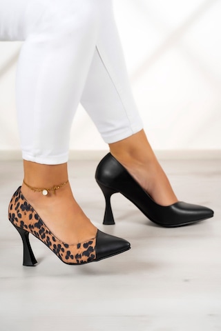 Jatqılı Plus Siyah Leopar Kadeh Topuklu Ayakkabı Leopar - Siyah