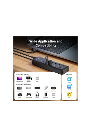 Lemorele Tc111 7 Port Usb 3.0 Hub Çoklayıcı - Açma Kapama Anahtarlı 5x Veri + 2x Şarj İstasyonu Led Göstergeli Usb Çoğaltıcı Adaptör Laptop Masaüstü Pc