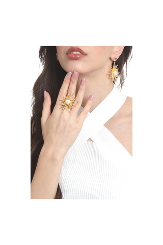 Labalaba Kadın Altın Renk Kaplama İnci Detaylı Büyük Güneş Yüzük& Küpe Seti Altın