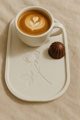 Gül Çizimli El Yapımı Dekoratif Tabak Özel Tasarım 23 X 13 Cm Beyaz