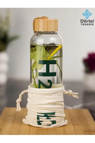 H2o Bambu Kapaklı Cam Matara Bez Kılıf Hediyeli 600 Ml Beyaz