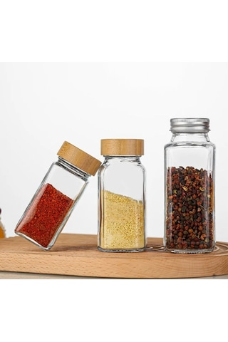 2'li Bambu Kapaklı Kare Cam Baharatlık Cam Saklama Kabı - 120ml ŞEffaf