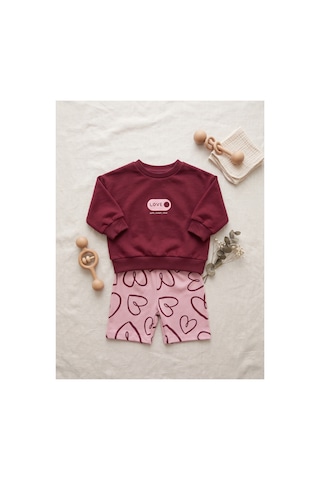 Deniva Kids Kız Bebek Bordo Sweatshirt Ve Kalp Desenli Pembe Eşofman Altı 2'li Pamuklu Takım