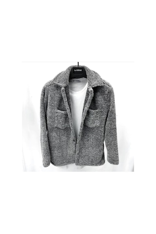 Unisex Gri Düğme Detaylı Cepli Peluş Ceket Gri