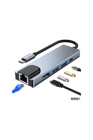 Winex 5in1 Type-C to HDMI 2xUsbA 3.0 Ethernet Hub Port Adaptör