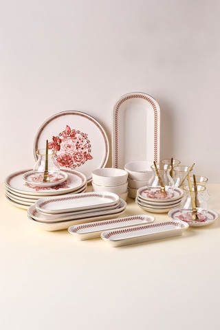 Danish Rose Yaldızlı 37 Parça 6 Kişilik Stackable Kahvaltı Takımı Ve Sunum Seti Pembe Pembe