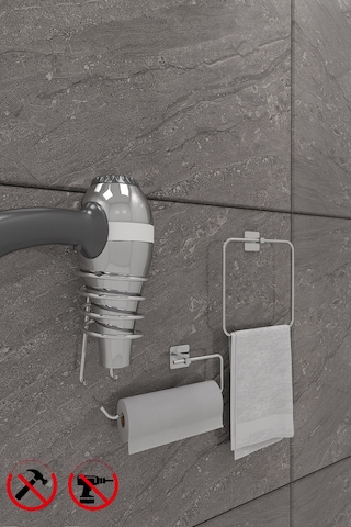Alper Banyo Scilla Kare Krom Yapışkanlı 3'lü Set - Kare Havluluk Solo Havluluk Kare Fön Makinesi Askısı Krom