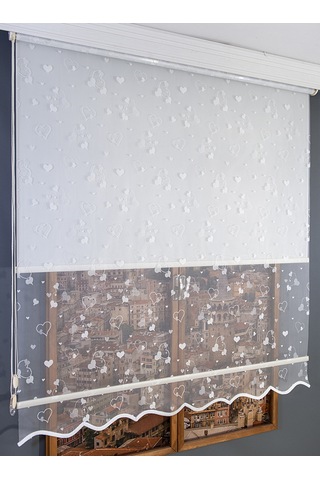 Kalp Desenli Çift Mekanizmalı Tül Stor Perde Beyaz