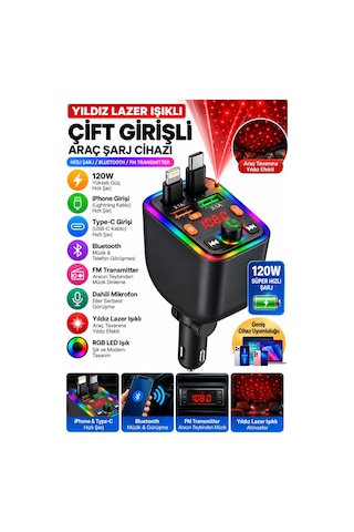 Castu T6 120w Hızlı Araç Şarj Cihazı Fm Transmitter Bluetooth Araç Kit Yıldız Lazer Işıklı