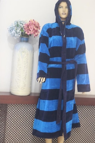 Bornoz Iplik Boya Kolonlu Kadife Uzun Kapşonlu Model Bornoz