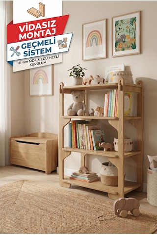 Tridihome Montessori Vidasız Geçmeli Sistem 18mm Mdf Dayanıklı Çocuk Kitaplığı Ve Oyuncak Rafı Safir Meşe