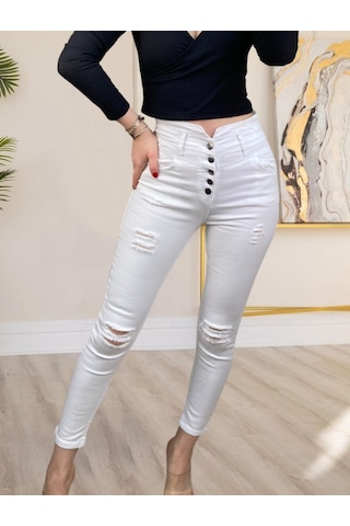 Simala 5 Düğmeli V Detay Bel Yırtık Kot Beyaz