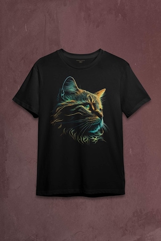 Bıyıklı Kedi Minimal Çizim 3d Efektli Realist Siyah Baskılı Tişört Unisex T-shirt 001