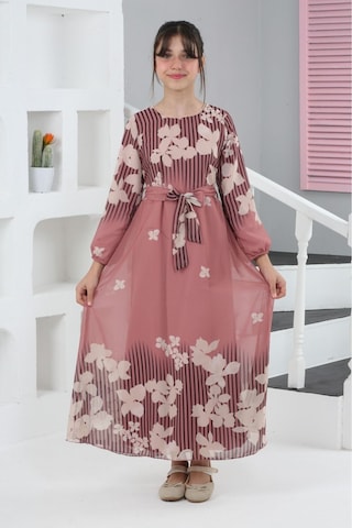 Kız Çocuk Astarlı Tam Boy Çiçek Desenli İç Göstermeyen Şık Ve Rahat Uzun Elbise Pudra