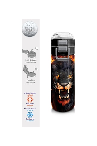 Coral High Kids Siyah Aslan Desenli Pipetli Ve Direkt İçim Çelik Termos 500 Ml 31871 Siyah