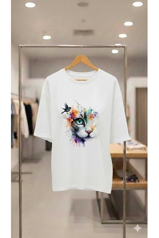 Kedi Baskılı Kuş Detaylı Oversıze T-shirt Beyaz