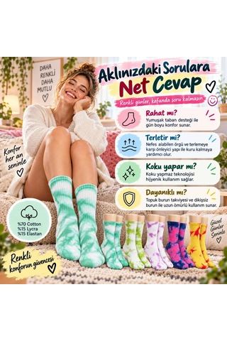Vaveni Unisex Batik Desenli Çorap 5'li Set Renkli Pamuklu Uzun Soket Dikişsiz Nefes Alan Günlük Spor Çorabı Arz Çok Renkli
