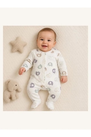 Ferasty İstanbul Unisex Bebek Tulum Fil Desenli Ekru