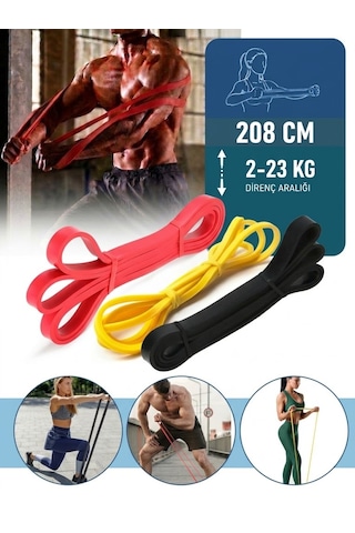 3'lü Set 208 Cm Direnç Lastiği Sarı Hafif - Kırmızı Orta - Siyah Sert Sarı - Kırmızı - Siyah