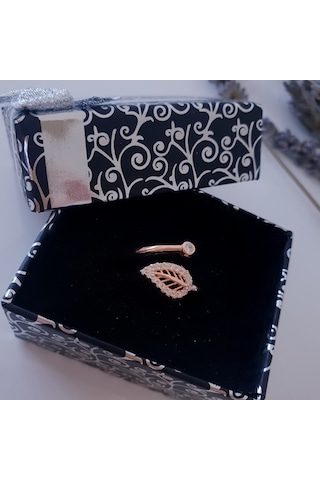925 Ayar Gümüş Yapraklı Tek Taş Kadın Yüzük Rose Renk
