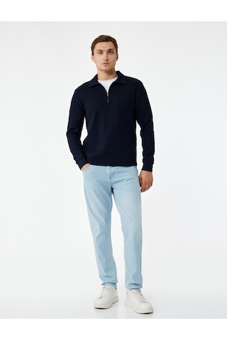 Koton Uzun Kollu Yarım Fermuarlı Polo Yaka Sweatshirt Lacivert 7wam70010mk
