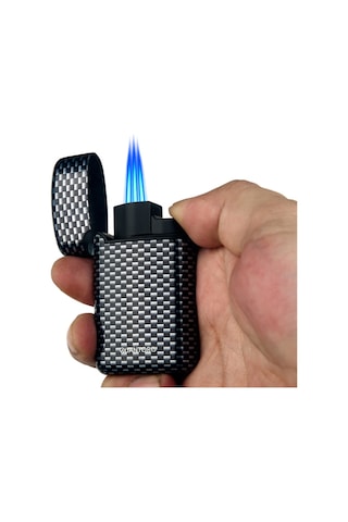 Quantoro Üç Torch Pürmüz Delicili Siyah Karbon Desenli Metal Puro Çakmağı
