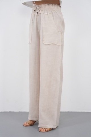 The Voler Müslin Palazzo Pantolon Kadın Yazlık Bol Paça Salaş Rahat Lastikli Bel Cepli Günlük Şık Pantolon Bej