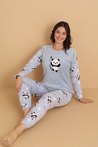 Fawn 1204 Peluş Welsoft Polar Kışlık Yumoş Panda Kadın Pijama Takımı Açık Mavi