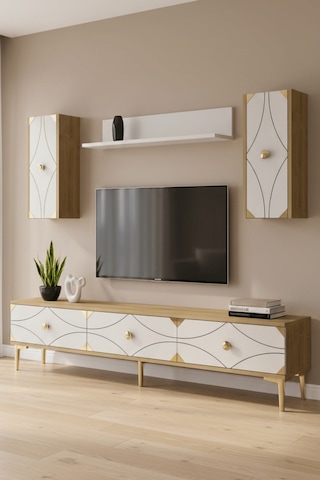 Tvr1897dbg - Alfa Tvr180 Tv Ünitesi Takım , Tv Sehpası Safirmeşe - Beyaz - Gold 180cm
