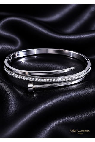 Stainless Steel Gümüş Taşlı Kelepçeli Çelik Bileklik