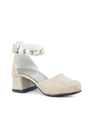 Merida Gold Simli Kalın Topuklu Taşlı Kız Çocuk Topuklu Ayakkabı Altın