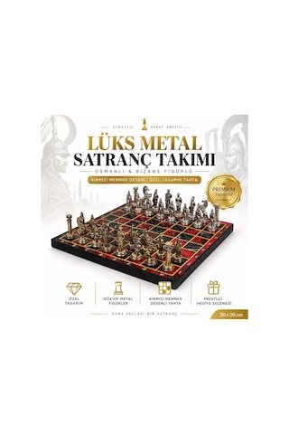 Lüks Metal Satranç Takımı Osmanlı Bizans Figürlü Krom Kırmızı Mermer Desenli 20 X 20 Premium Hediye
