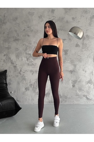 Nolya Moda Yüksek Bel Şardonlu Kışlık İç Göstermez Belize Tayt Kahverengi