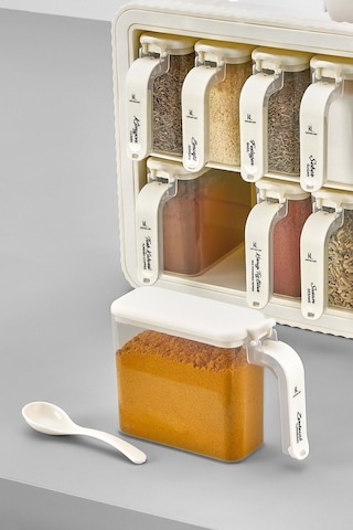 Kitchen Life 12'li Bej Standlı Kendinden Yapışkanlı Kaşıklı Standlı Baharatlık Takımı - Kapak Etiketli Baharatlık Bej