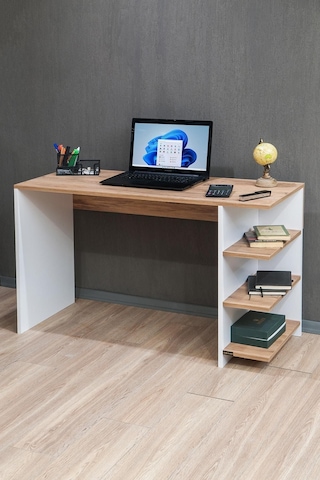 Ram Bilgisayar Masası, Pc Masası, Raflı Çalışma Masası - Meşe / Beyaz Diğer