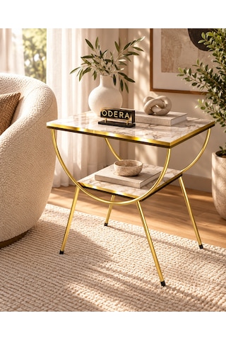 Odera Çift Efes Beyaz Mermer Desenli Çift Raflı Yan Sehpa Komodin Metal Ayaklı Retro Modern Sehpa Diğer