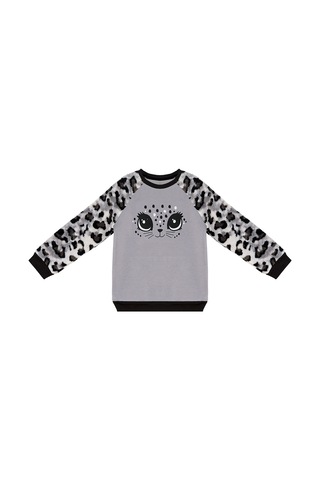 Kız Çocuk Kışlık Leopar Desenli Peluş Gri Uzun Kollu Sweatshirt 3-8 Yaş