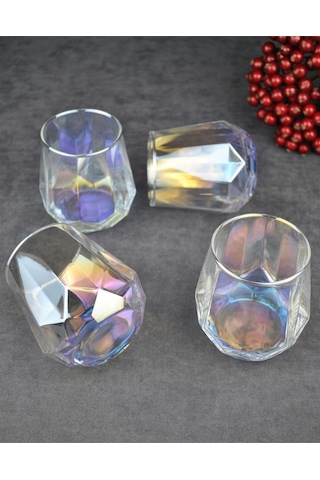 4'lü Hologramlı Cam Bardak Meşrubat Su Bardağı 330 Ml - Dıamond Renkli